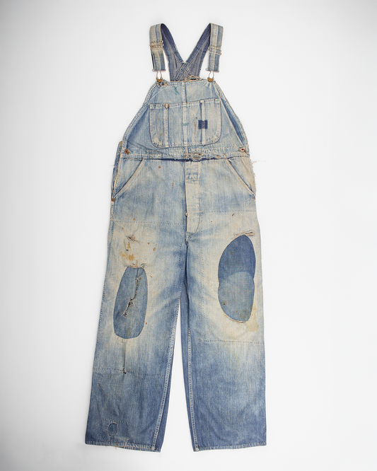 1930s Carhartt Overalls, 1940s Carhartt Denim, Laurel Leaf Button Carhartt, Vintage Carhartt Workwear, Pre-War Carhartt, Railroad Overalls, Vintage Denim Overalls, Repaired Workwear, Great Depression Workwear, American Workwear, True Vintage Carhartt, Made in USA. railroad, chore, heart label