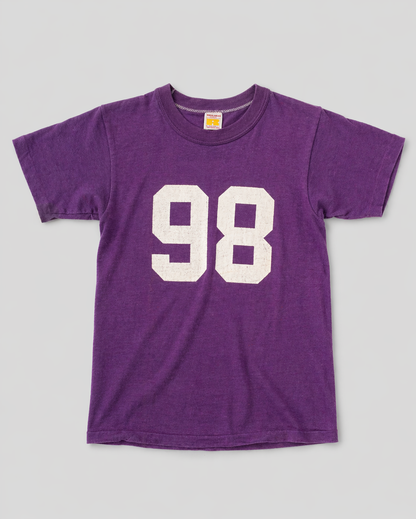 Purple t-shirt with the number 98 on a gray background single stitch I Love NY I love new york college tee harvard university highschool printed t-shirt 1970s 70s baby tee crop t-shirt vintage cropped tee 