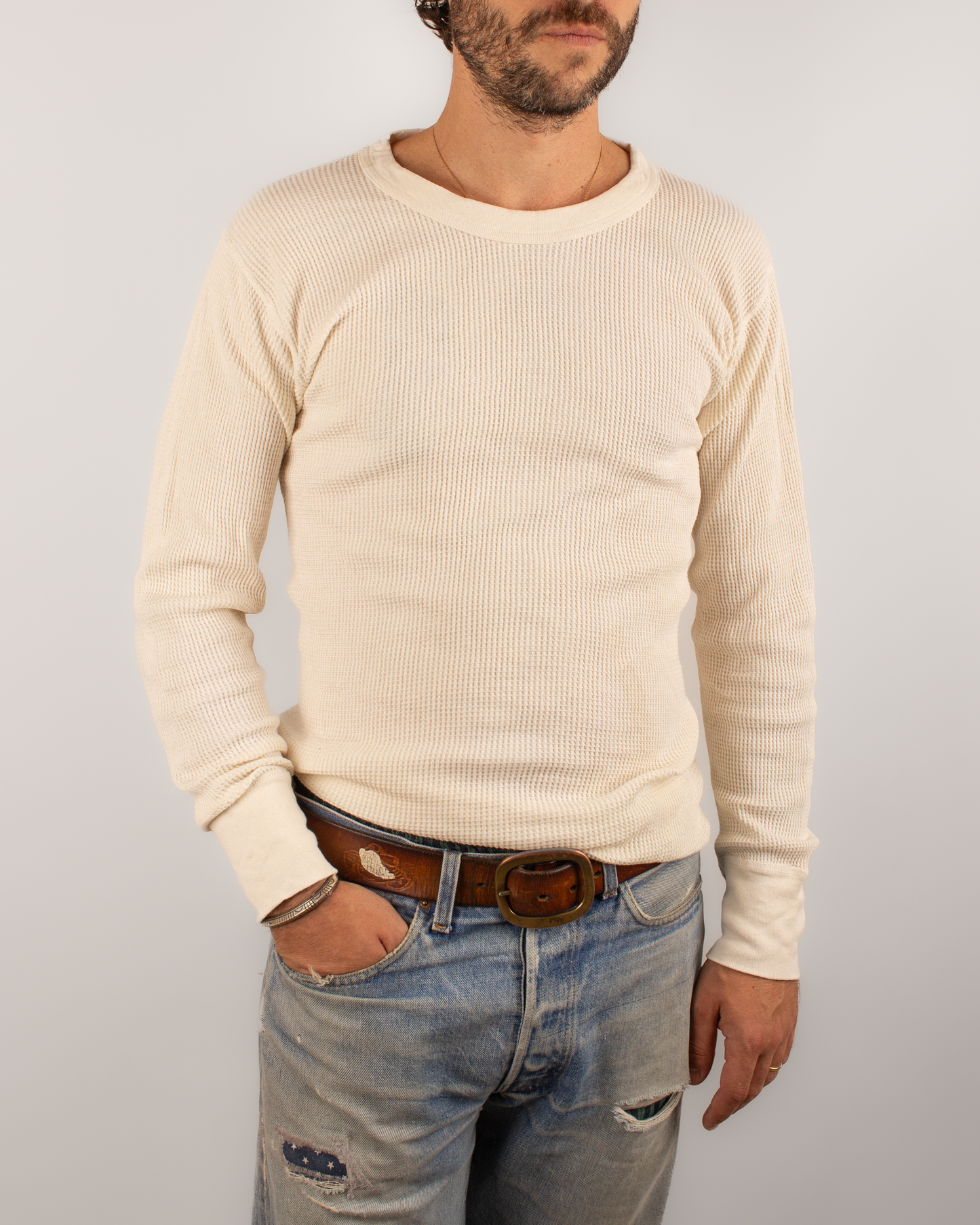 1980s Cream Thermal waffle knit tee (L)