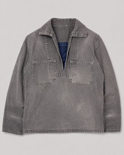 Gray cotton shirt with collar on a light gray background french blue vareuse fisherman marin sailor sailing blouse smoke smock jacket overshirt 1960s