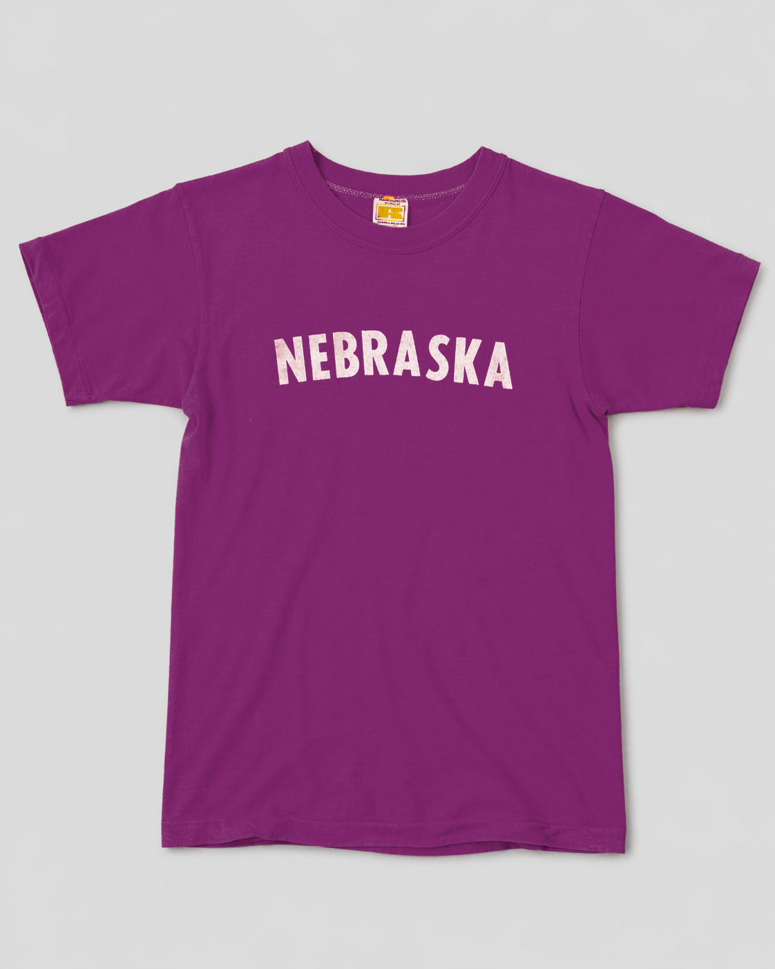 Purple t-shirt with 'NEBRASKA' text on a gray background single stitch I Love NY I love new york college tee harvard university highschool printed t-shirt 1970s 70s baby tee crop t-shirt vintage cropped tee 