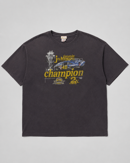 Black t-shirt with racing-themed graphic and text 1990s racing NASCAR Jimmie Johson pilote 