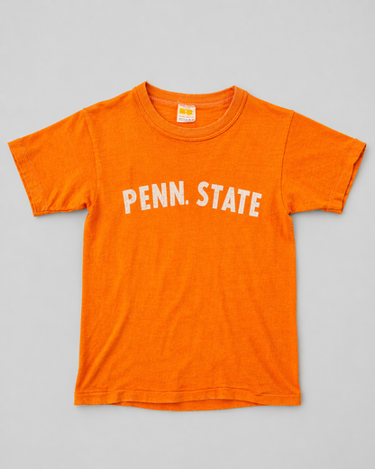 Orange t-shirt with 'PENN. STATE' text on a gray background single stitch I Love NY I love new york college tee harvard university highschool printed t-shirt 1970s 70s baby tee crop t-shirt vintage cropped tee Russel