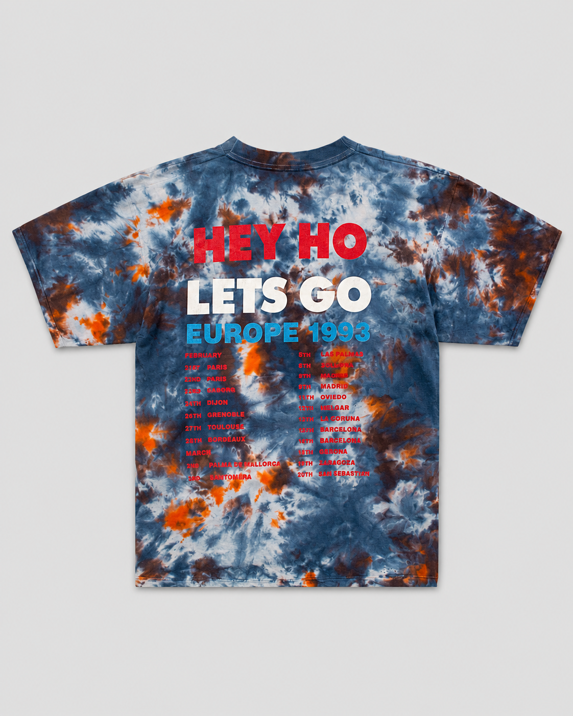 Tie-dye t-shirt with text on a gray background concert tee band tee concert t-shirt Ramones hey ho lets go 1990s single stitch tour tee